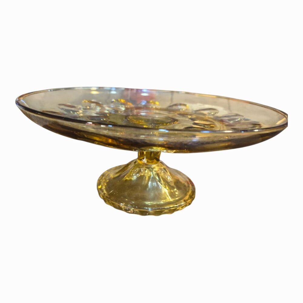 Amber Glass Pedestal Cake Stand/Compote Round Dotted Pattern Scalloped Rim